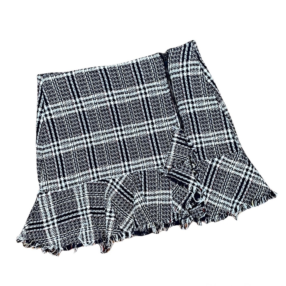 ZARA TRF Zip Front Ruffle Detail Tweed Plaid Mini Skirt
